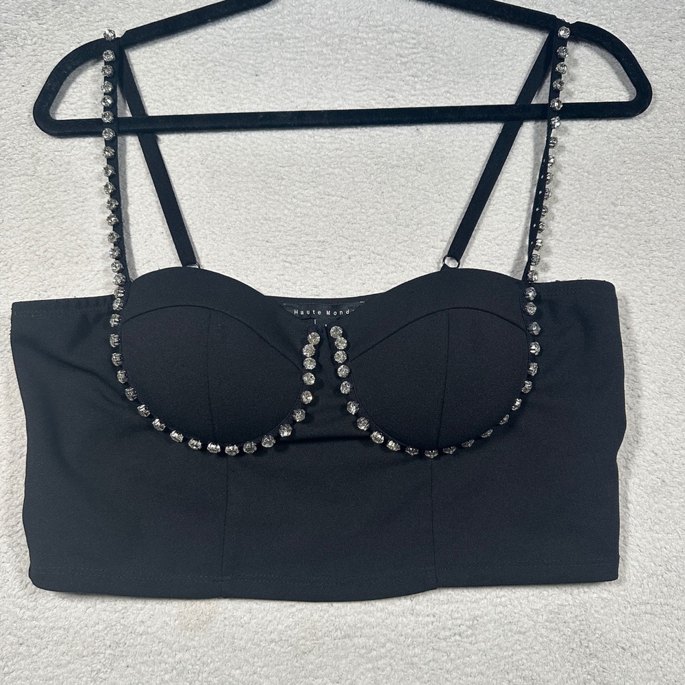 Haute Monde Bustier Crop Top Women L Black Rhinestone Trim Glam Party Night Out